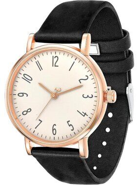 Women's Black Leather Strap Waterproof Gold Analog Fashion Quartz Wrist Watch